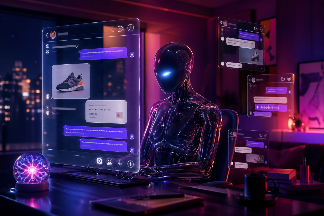 AI-продавец в мессенджерах и на сайте — стилизованный визуал переписки бота с клиентом